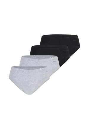 Vier Paar Herren-Slips, zwei in Hellgrau und zwei in Schwarz, diagonal angeordnet mit sichtbaren Vorder- und Seitennähten.