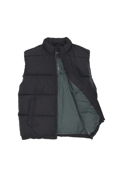 Gilet imbottito nero con collo alto e zip frontale. L'interno presenta una fodera verde a contrasto. Design semplice, senza motivi né dettagli.