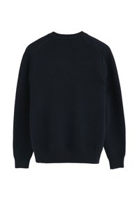 Marineblauer Strickpullover mit Rundhalsausschnitt, gerippten Bündchen und Saum sowie einer strukturierten Oberfläche. Klassische Passform mit Raglanärmeln.