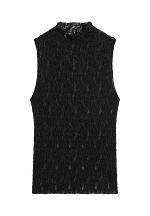 Haut sans manches en dentelle noire avec col montant et motif floral, coupe ajustée, étiquette de la marque à l'intérieur du col.