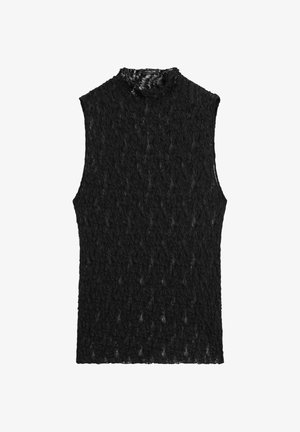 Haut sans manches en dentelle noire avec col montant et motif floral, coupe ajustée, étiquette de la marque à l'intérieur du col.