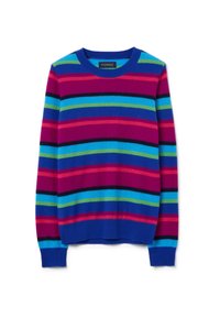 Maglione a righe realizzato in tessuto morbido. Presenta righe orizzontali in viola, blu, verde e rosso, con un collo e dei polsini a costine blu.