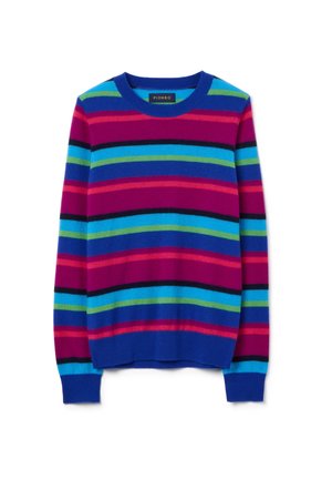 Gestreifter Pullover aus weichem Stoff. Verfügt über horizontale Streifen in Lila, Blau, Grün und Rot sowie einen blauen gerippten Halsausschnitt und Bündchen.