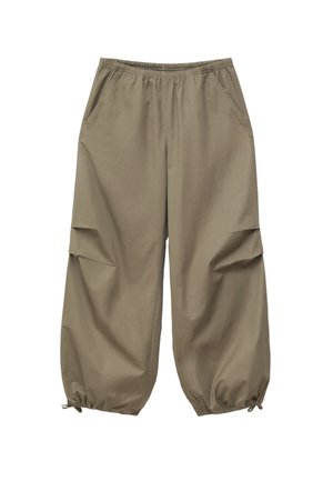 Široke kaki hlače s elastičnim pojasom i vezicama na rubovima, s bočnim džepovima i opuštenim, casual stilom.