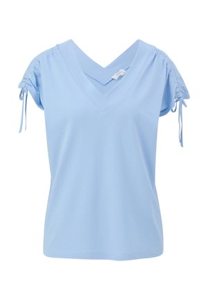 Light blue short-sleeve V-neck t-shirt made of soft cotton. Features gathered sleeves with ties and a relaxed fit. Smooth texture.