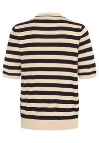 Strikket kortærmet top med sorte og beige vandrette striber, udstyret med en afrundet krave samt ribbet kant og manchetter. Blød tekstur.