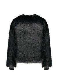 Giacca in ecopelliccia nera con una superficie testurizzata e pelosa. Design corto, maniche lunghe e polsini a coste che aggiungono struttura.