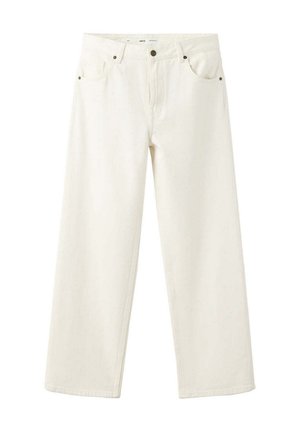 Pantaloni bianchi a gamba larga con bottone e cerniera frontali, passanti per cintura e tasche davanti e dietro.
