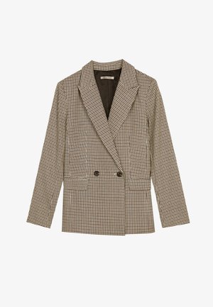 Double-breasted blazer in brown and black checked pattern, featuring notched lapels, side pockets, and a slightly textured fabric.