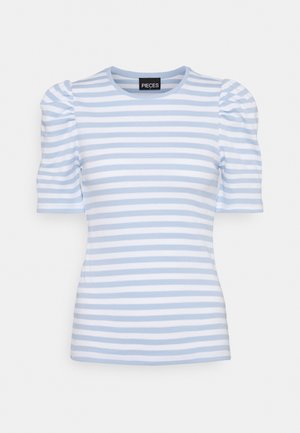 Striped t-shirt in light blue and white, made of soft fabric. Features short puff sleeves and a crew neckline. Patterned with horizontal stripes.