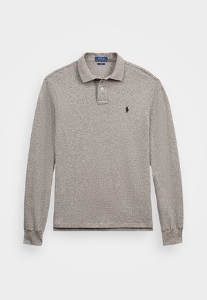 Long-sleeve polo shirt in light gray, made of textured fabric. Features a two-button placket and embroidered logo on the chest.