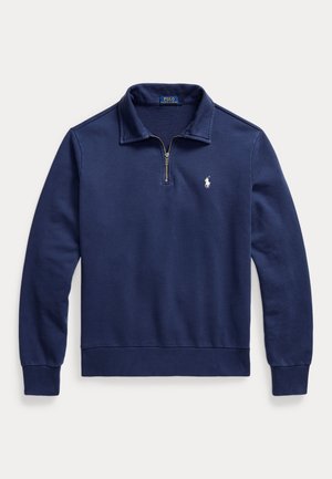 Navy blue long-sleeve pullover with half-zip collar, ribbed cuffs, and small white Polo Ralph Lauren logo on the chest.