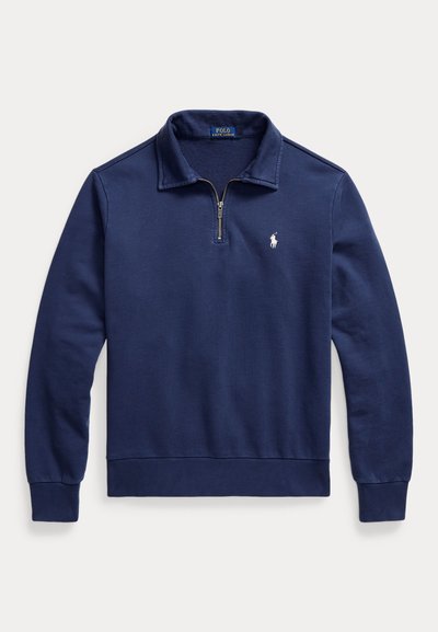 Mørkeblå langærmet trøje med halvlukket lynlås ved kraven, ribstrikkede manchetter og lille hvid Polo Ralph Lauren-logo på brystet.