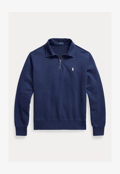Mørkeblå langærmet trøje med halvlukket lynlås ved kraven, ribstrikkede manchetter og lille hvid Polo Ralph Lauren-logo på brystet.