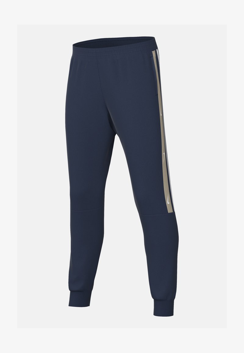 Pantalones de chándal azul marino hechos de una tela suave, con un diseño ajustado, cintura elástica y franjas laterales beige contrastantes con logotipos.