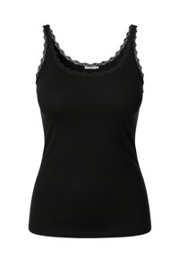 Canotta nera dal design aderente, realizzata in tessuto liscio. Rifinitura in pizzo lungo lo scollo e le spalline che aggiunge un dettaglio delicato.