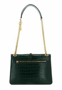 Groene handtas van leer met krokodillenpatroon, voorzien van een gouden kettingriem, een voorvak met rits en een gladde textuur. Heeft gouden hardware accenten.