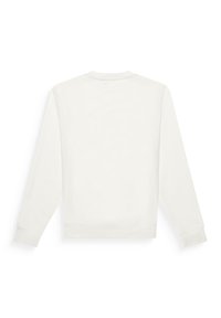 Sudadera blanca de manga larga, cuello redondo, con puños y dobladillo acanalados. Diseño minimalista, textura suave, sin patrones ni hardware visible.