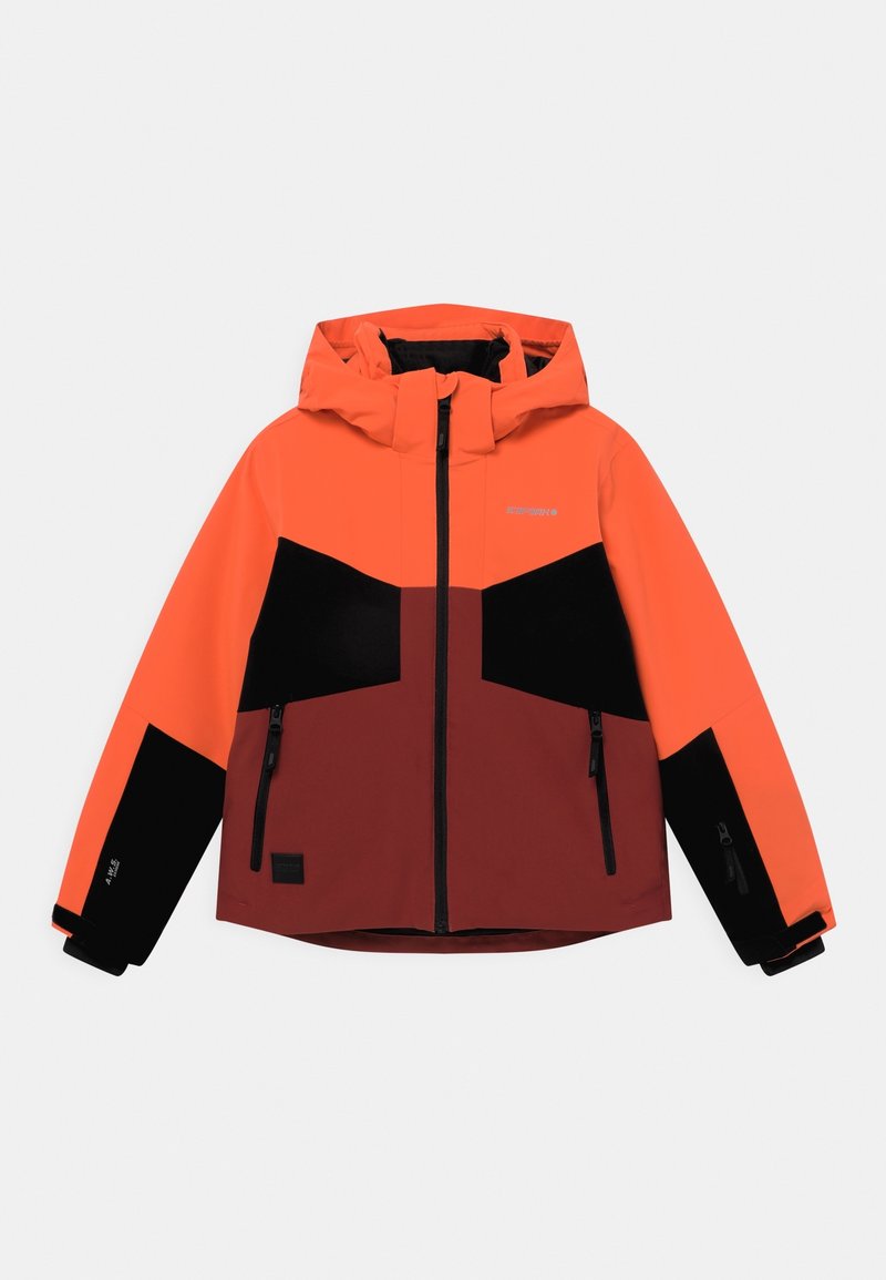 Veste de ski colorée avec une partie supérieure orange, des accents noirs et une partie inférieure bordeaux. Elle est dotée d'une capuche et de poches zippées. Tissu imperméable.