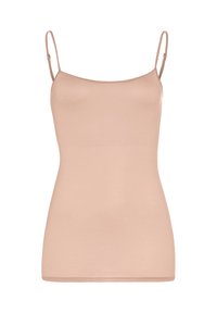 Jasnobeżowa top na ramiączkach z cienkimi, regulowanymi paskami, wykonany z gładkiego, elastycznego materiału, o dopasowanym kroju i bez widocznych dekoracji.
