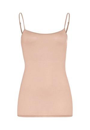 Helle beige Top mit dünnen verstellbaren Trägern, aus glattem, elastischem Stoff, mit einer engen Passform und ohne sichtbare Verzierungen.
