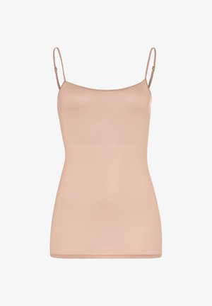 Helle beige Top mit dünnen verstellbaren Trägern, aus glattem, elastischem Stoff, mit einer engen Passform und ohne sichtbare Verzierungen.