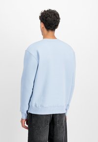 Világoskék, pamutból készült pulóver, kerek nyakkivágással, bordázott mandzsettákkal és derékpánttal, hátulról nézve, laza szabásban.