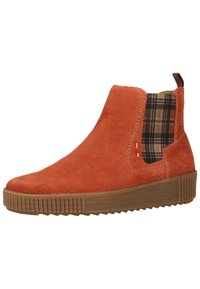 Oranssi mokkanahkainen nilkkabutsi, jossa on ruudullinen tekstiilipaneeli, teksturoitu kumipohja ja takana vetoketju helppoa pukemista varten.