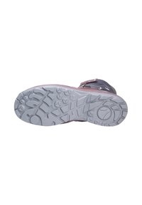 Paarse en grijze hiking schoenzool met een gestructureerd rubber voor grip, met een gemusterde loop en een verstevigde teenpartij.