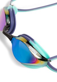 Arena zwembrillen met blauwe spiegellenzen, paarse en turquoise siliconen frame, met zwarte accenten en logo. Soepele, gestroomlijnde vormgeving.