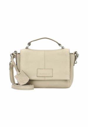 Borsa a tracolla in pelle beige chiaro con manico corto e tracolla regolabile, caratterizzata da una superficie testurizzata e un logo del brand sul fronte.
