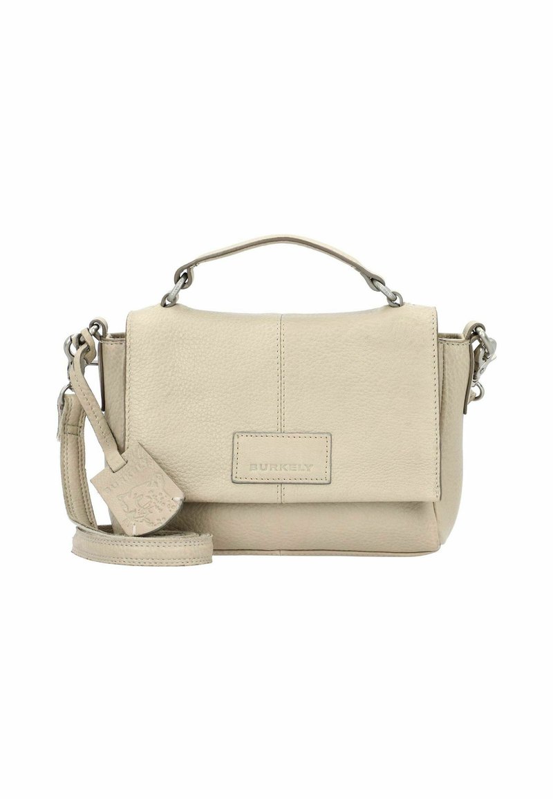 Borsa a tracolla in pelle beige chiaro con manico corto e tracolla regolabile, caratterizzata da una superficie testurizzata e un logo del brand sul fronte.
