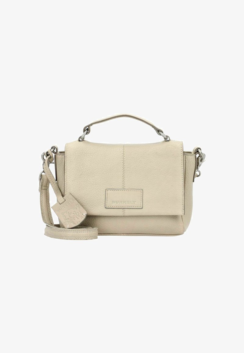 Borsa a tracolla in pelle beige chiaro con manico corto e tracolla regolabile, caratterizzata da una superficie testurizzata e un logo del brand sul fronte.