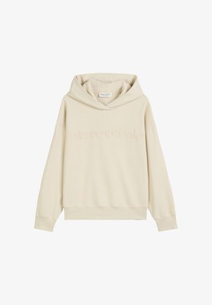 Beez värvi kapuutsiga sweatshirt, mis on valmistatud pehmest kangast, ülemsuuruses ja mille esiküljel on tikand "Marc O'Polo".