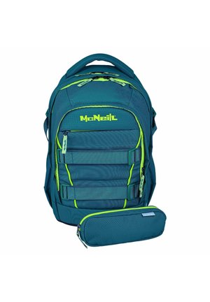 Zaino turchese con dettagli giallo neon e logo McNeill, con più scomparti e un astuccio abbinato con cerniera.