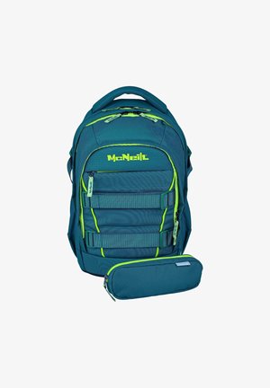 Zaino turchese con dettagli giallo neon e logo McNeill, con più scomparti e un astuccio abbinato con cerniera.