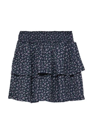 Jupe à volants bleu foncé avec petit motif floral rose et blanc et taille élastique.