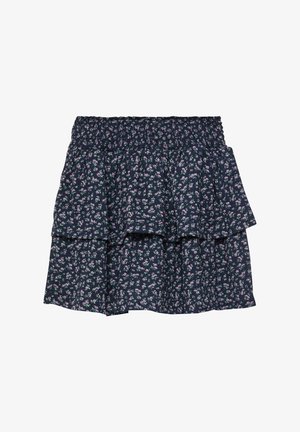 Jupe à volants bleu foncé avec petit motif floral rose et blanc et taille élastique.