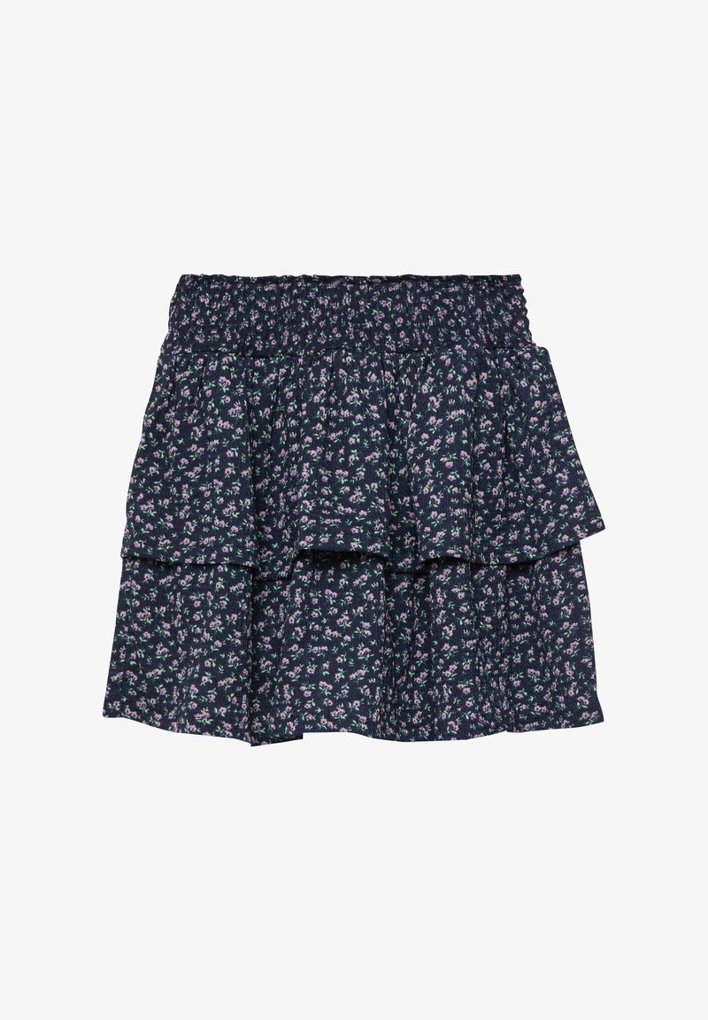 Jupe à volants bleu foncé avec petit motif floral rose et blanc et taille élastique.