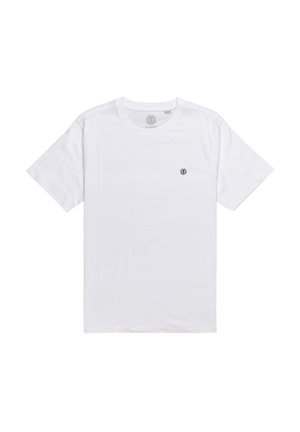 White cotton t-shirt with short sleeves, round neckline, and a small black logo on the left chest. Smooth texture, classic fit.