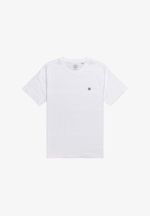 Valkoinen puuvillainen t-paita lyhyillä hihoilla, pyöreällä kaula-aukolla ja pienellä mustalla logolla vasemmassa rinnassa. Tasainen rakenne, klassinen istuvuus.