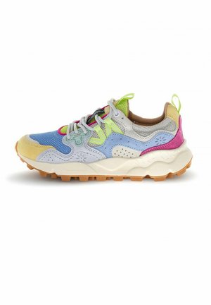 Scarpa da ginnastica multicolore con mesh blu, suede giallo, accenti rosa, dettagli verde neon, suola bianca e battistrada marrone, vista di profilo laterale.