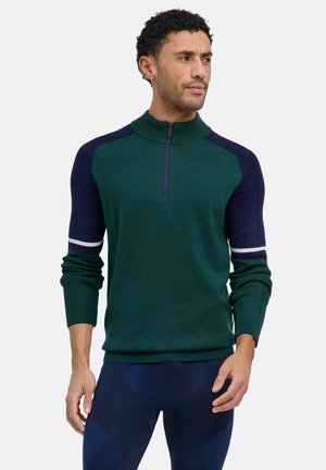Uomo che indossa un maglione verde e blu navy con zip corta e striscia bianca sulle maniche, abbinato a leggings sportivi blu navy, rivolto leggermente verso destra.