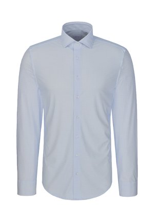 Chemise habillée homme bleu clair à manches longues avec petit motif à carreaux, boutonnage devant et col classique.