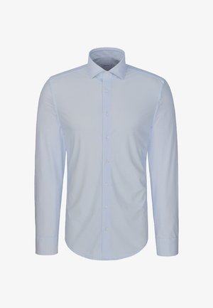 Hellblaues Herrenhemd mit langen Ärmeln, kleinem Karomuster, durchgehendem Knopfleiste und klassischem Kragen.