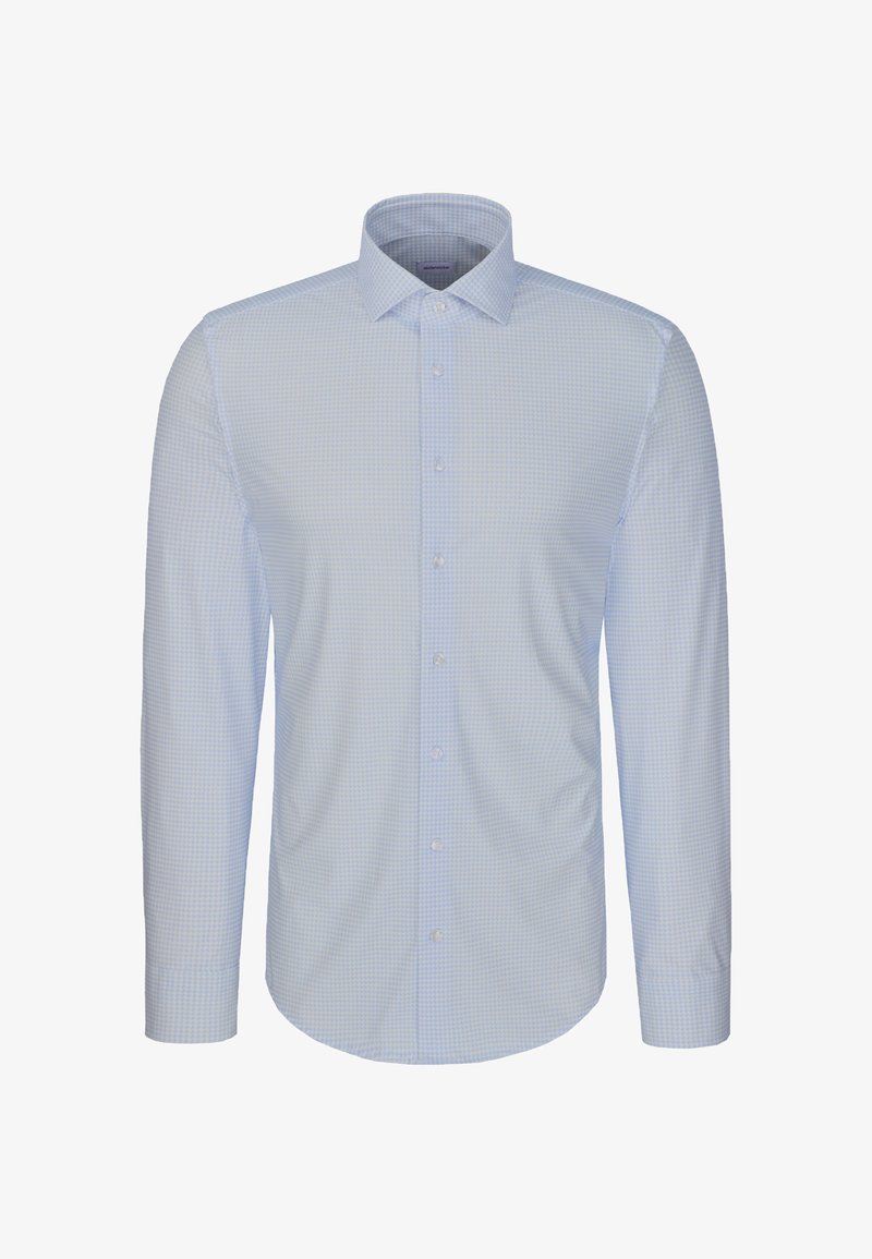 Chemise habillée homme bleu clair à manches longues avec petit motif à carreaux, boutonnage devant et col classique.