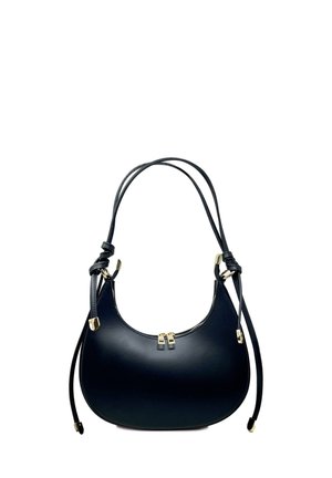 Borsa a spalla in pelle blu navy con forma curva, chiusura a doppia zip e dettagli in metallo dorato. Due tracolle in corda regolabili.