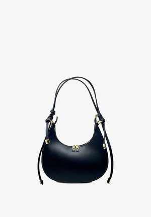 Marineblaue Leder-Schultertasche mit geschwungener Form, doppeltem Reißverschluss und Akzenten aus Goldton-Hardware. Zwei verstellbare, geflochtene Träger.