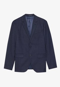 Blazer marine en tissage texturé avec un motif à petits carreaux subtil, design à un seul bouton, revers crantés et poches latérales. Fermeture à deux boutons.