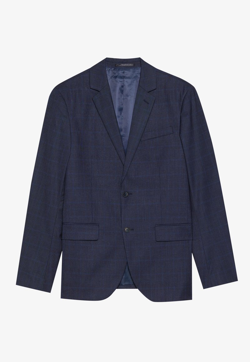 Blazer marine en tissage texturé avec un motif à petits carreaux subtil, design à un seul bouton, revers crantés et poches latérales. Fermeture à deux boutons.